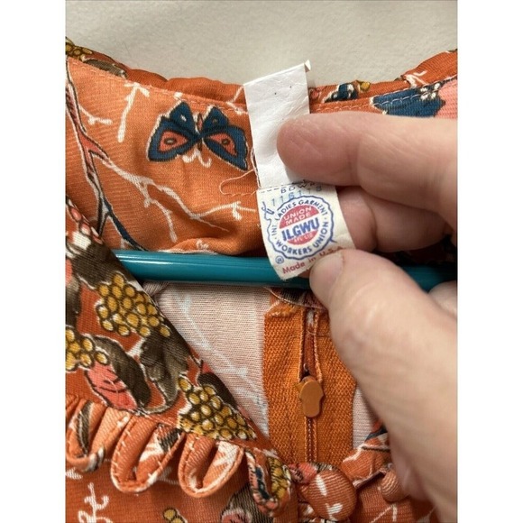 VTG Womens Dress Sz 13 Orange 70s Floral Satin Prom ILGWU Butterfly Print Maxi - Picture 10 of 12